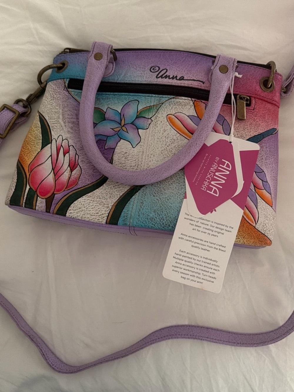 Anuschka Lavender Multicolor Hand-Painted Floral Shoulder Bag